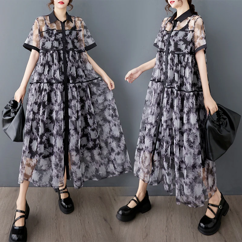 

Summer New Loose Fashion Dark Mesh Print Splicing Shirt Strap Dress Elegant Two-Piece Set Casual Style Polyester Fiber A-Line...