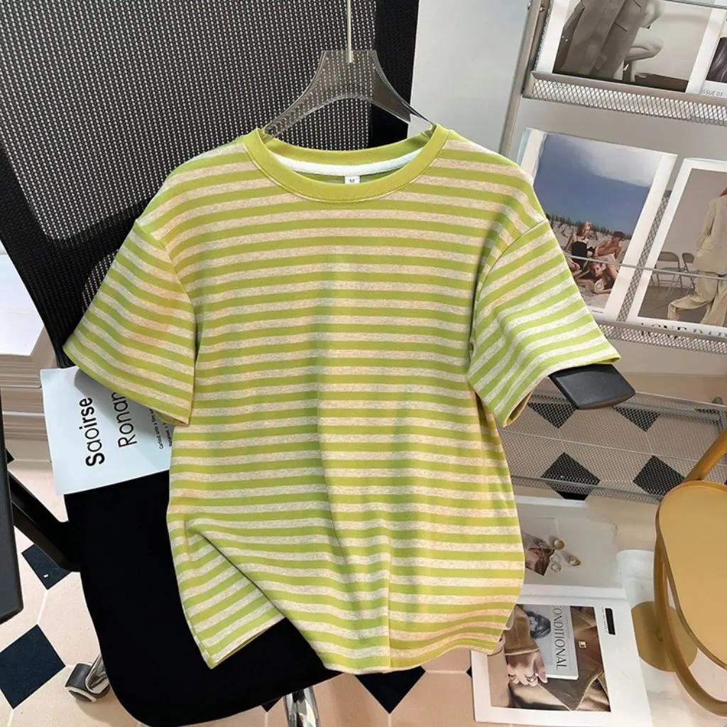 

Women's Striped Short-Sleeved T-shirt Chic Loose Korean-Style Shoulder Top All-Match Age-Reducing Summer Ins Fashion