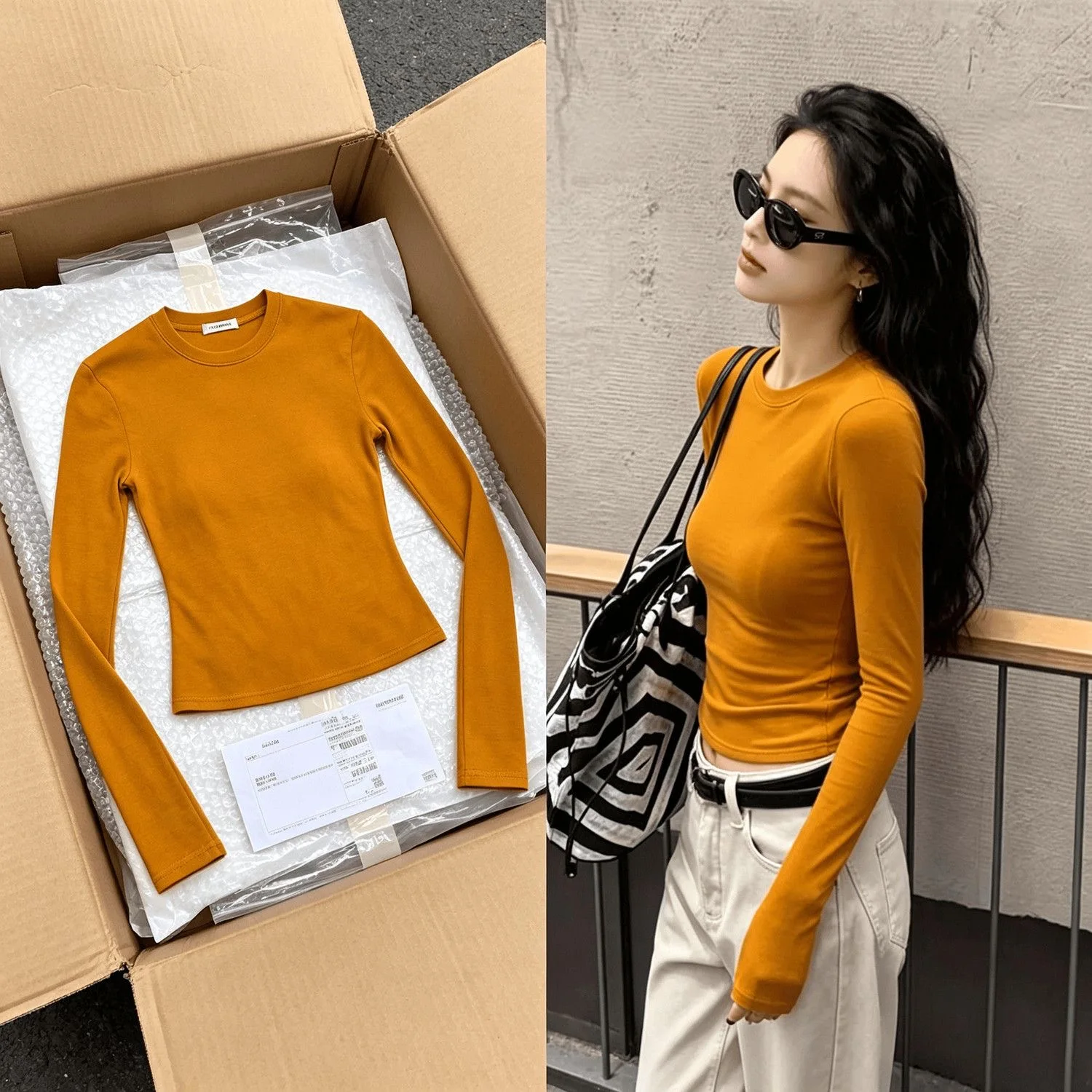 Pure Color Long Sleeve T-Shirt Women's Autumn Winter New Style Slimming Simple Fashion Shoulder Level Top Quality Polyester S...