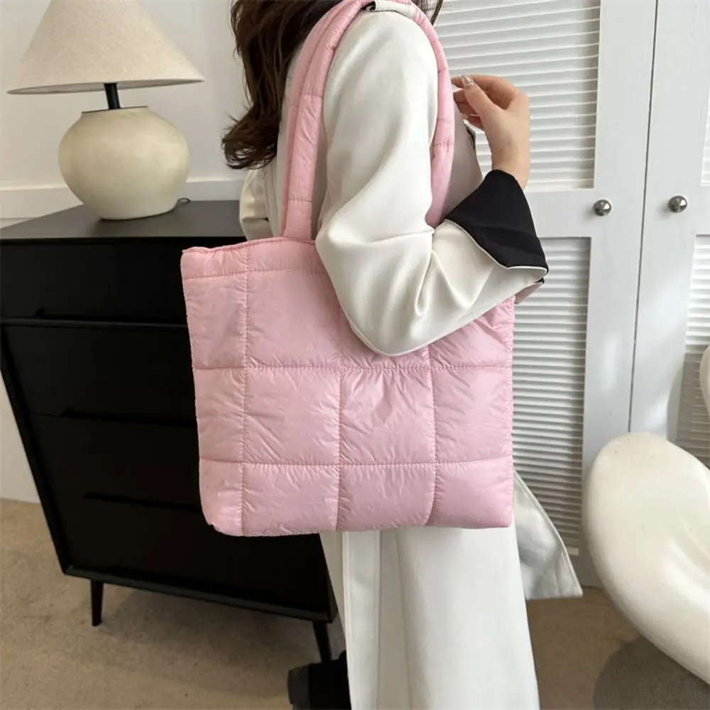 

Casual Nylon Space Cotton Handbag Solid Color Large Capacity Cloud Tote Bag Handle Square Puffy Shoulder Bag Girls