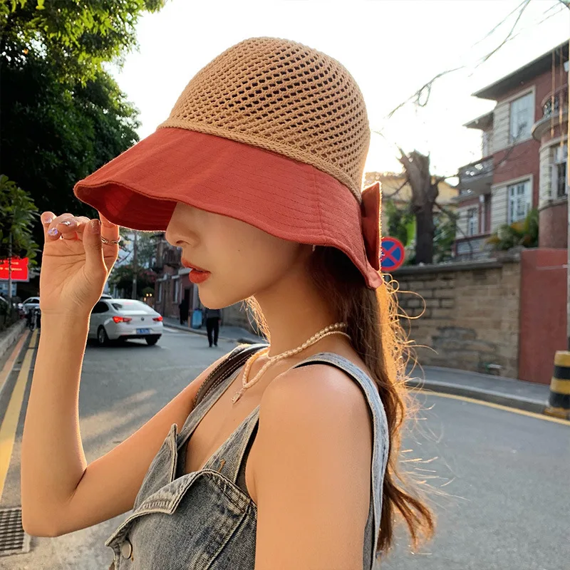 Shade Sun Protection Straw Hat Women's Summer UV Protection Hat Seaside Beach Sun Hat Bow Hollow Fisherman Hat