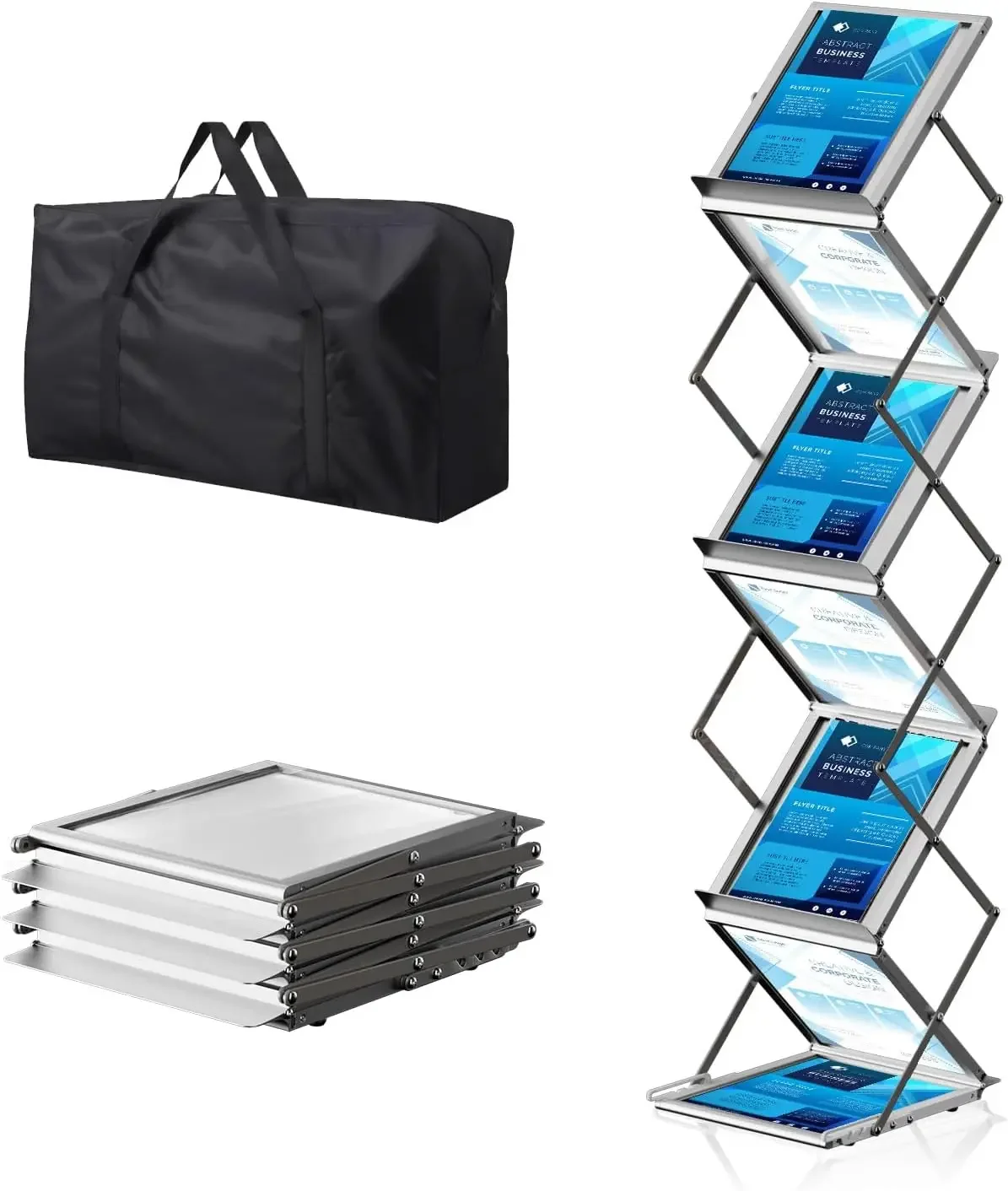 6 Pockets Magazine Rack, Foldable Aluminum Brochure Catalog Literature Display Stand with Carrying Bag for Exhibition, Trade Sho