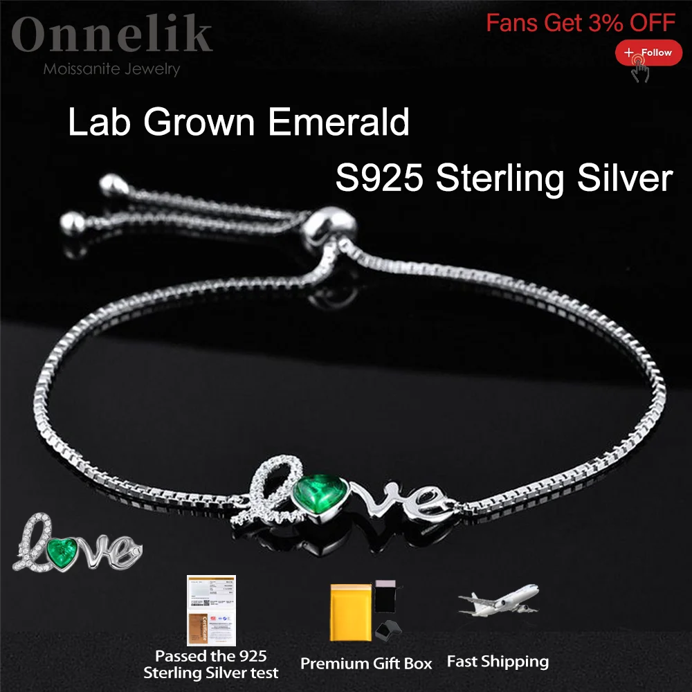 

Onnelik настоящий 5 мм лабораторный изумрудный браслет в форме сердца из стерлингового серебра 925 пробы для женщин, подруг, любителей, роскошные ювелирные изделия, подарки