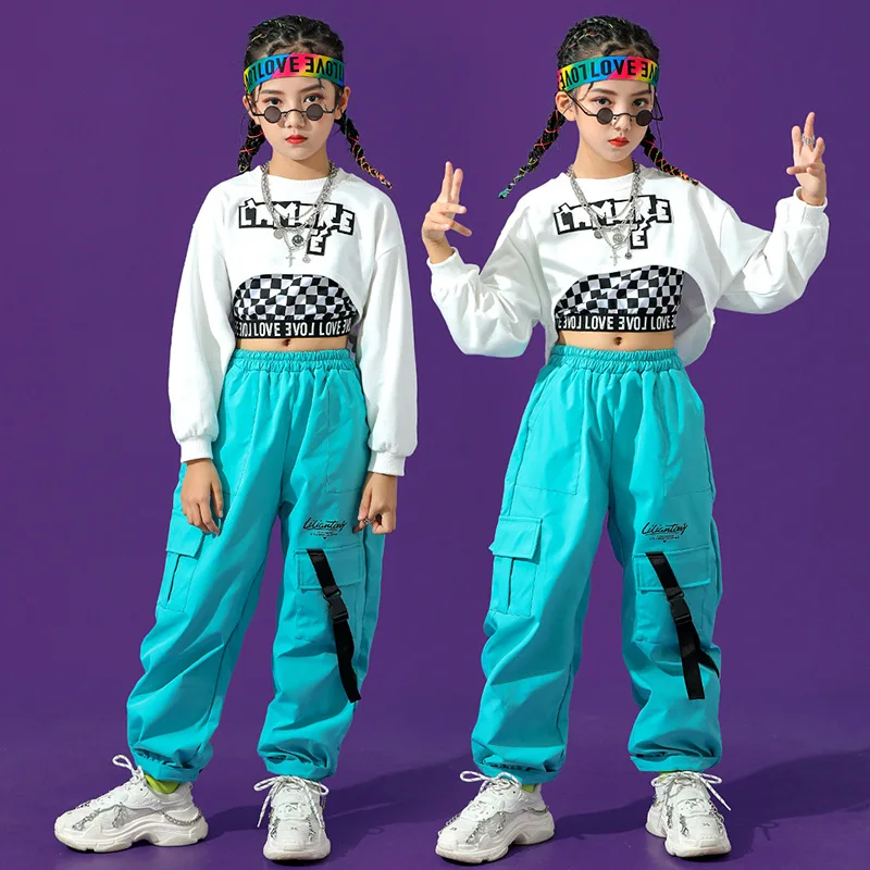 

Hip Hop Girls Crop Top Solid Cargo Pants Child Sweatshirt Joggers Clothes Sets Kids Streetwear Jazz Street Dance Stage Costumes