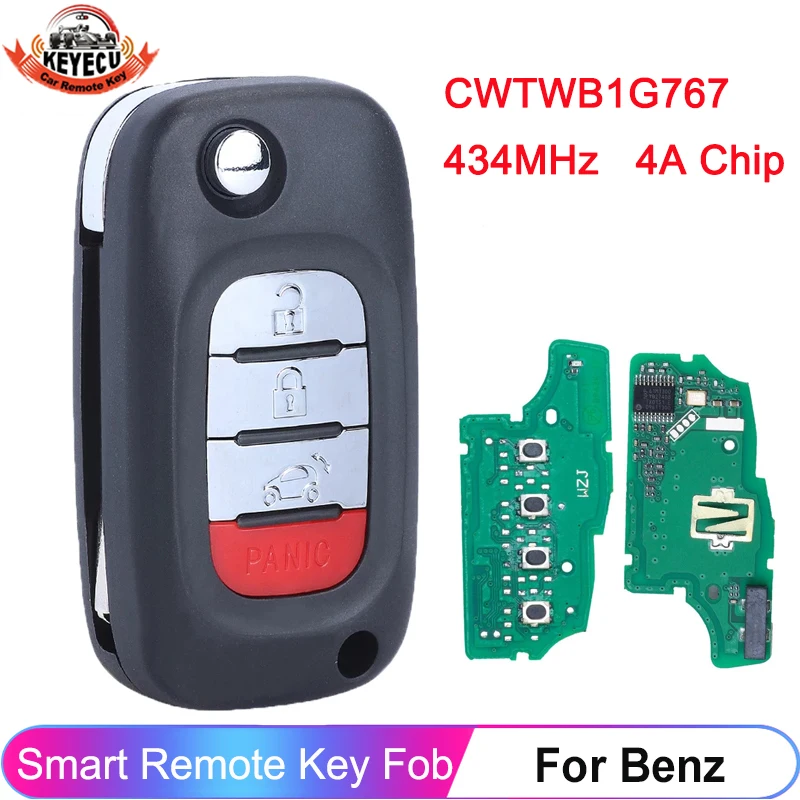 

KEYECU 433MHz 4A Chip FCC ID: CWTWB1G767 For Benz Smart Forfour Smart Fortwo 2015 2016 2017 4 Button Flip Key Remote Fob