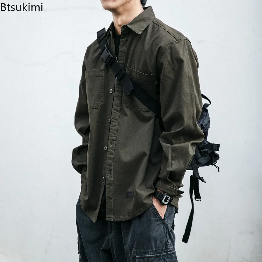 

Мужская рубашка-карго в корейском стиле, весенняя, с длинным рукавом, однотонная, с отложным воротником, на пуговицах, свободного кроя, повседневная, с карманами