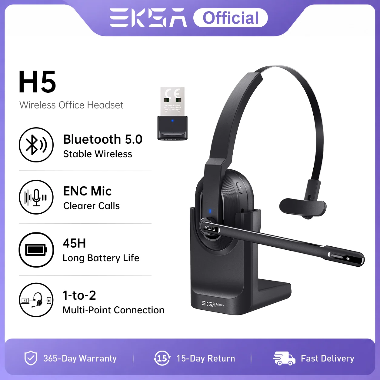 Słuchawki bezprzewodowe EKSA H5 Bluetooth 5.0 z 2 mikrofonami ENC, do call center i biura, 45 godzin odtwarzania, adapte...