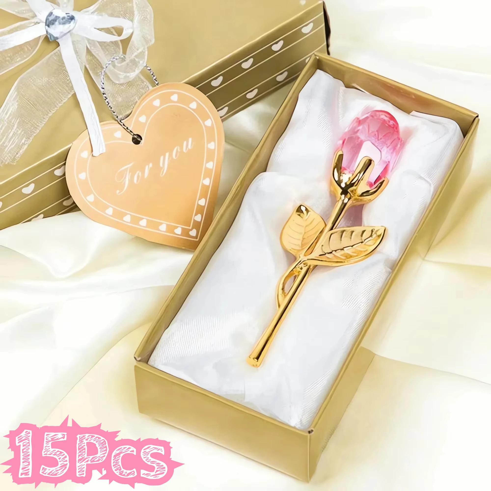 15Pcs Crystal Glass Rose Flower Figurines Craft Artificial Flower with Box Valentine'S Day Wedding Favors Lovers Gift Souvenir