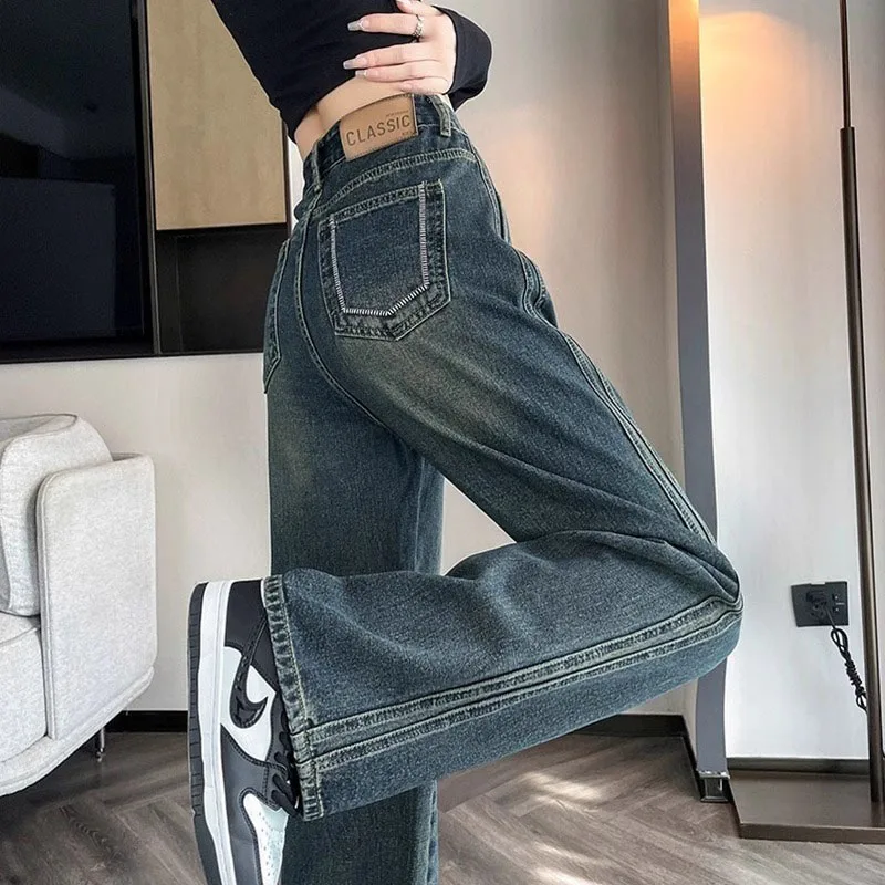 New Trendy Vintage Wide Leg Jeans For Women Slim Fit High Waist Style Features A Straight Loose Fit For Comfortable Floor Length