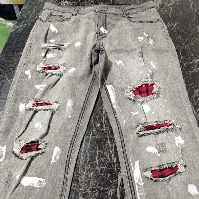 جديد الرجال نحيل ممزق الجينز موضة شبكة هول بقع اللبية سليم صالح تمتد عادية الدينيم سروال شكل قلم رصاص الركض بنطلون