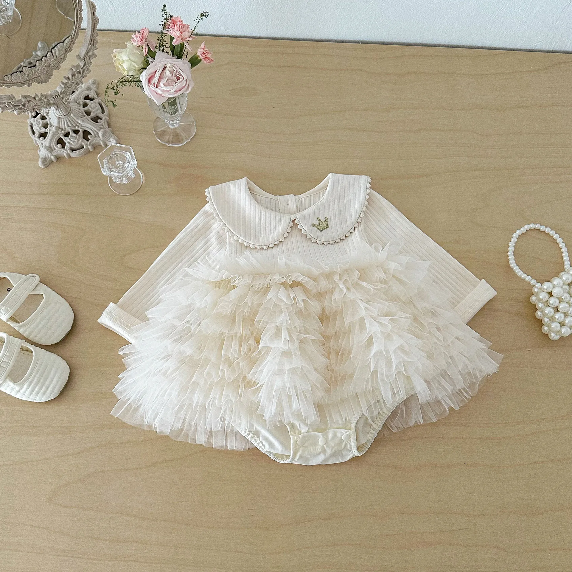 

Новинка! Комбинезон-платье для новорожденных девочек с длинным рукавом, цельный, весна-осень 2026, на день рождения, элегантное, из марлевки