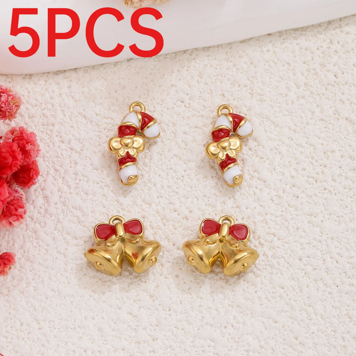 5Pcs Stainless Steel Christmas Enamel Bell Candy Cane Charms For DIY Jewelry Making Findings