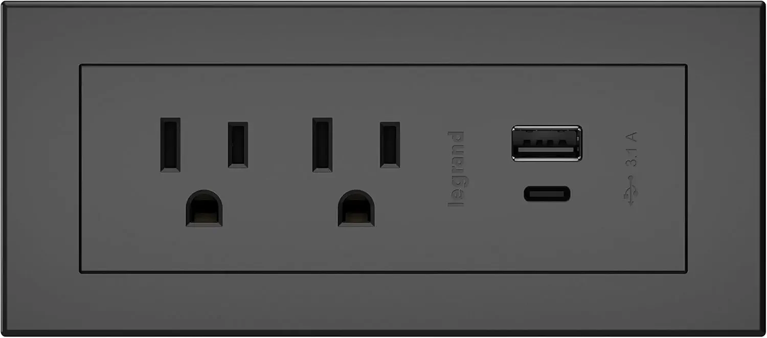 radiant Furniture Power Center with USB, Recessed Power Strip, 2 Outlets, Type A/C USB, 10 Foot Cord, Black