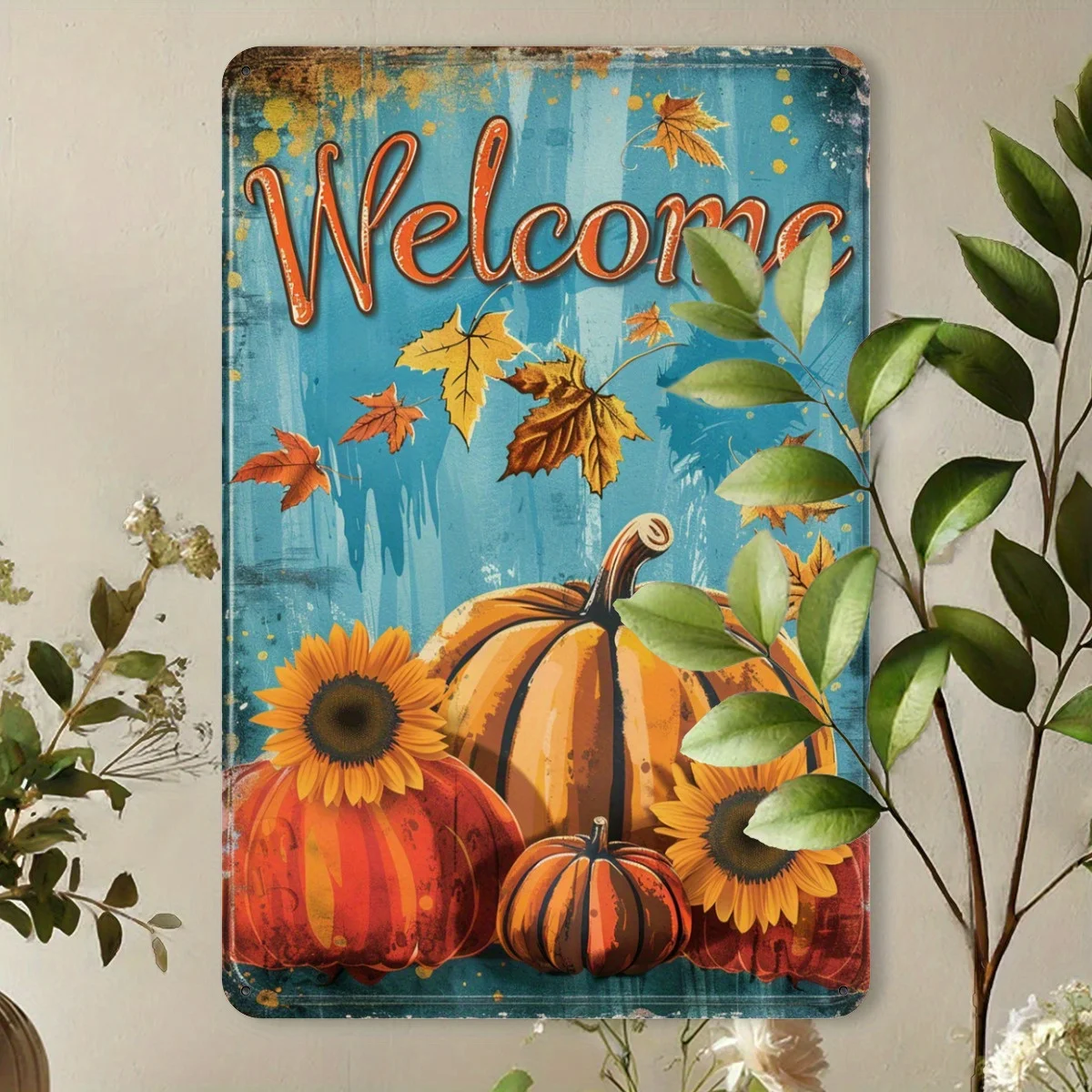 2D Rustic Turquoise & Orange Distressed Metal Wall Decor with Sunflowers & Pumpkins - Autumn Harvest Decoration for Front Door