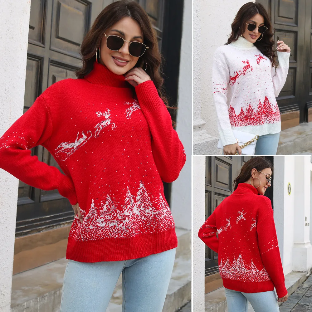 

Autumn Winter Long Sleeved Knitted Sweater Top Christmas High Neck Sweater Women's Jacquard Sueter Feminino Halloween Sweater