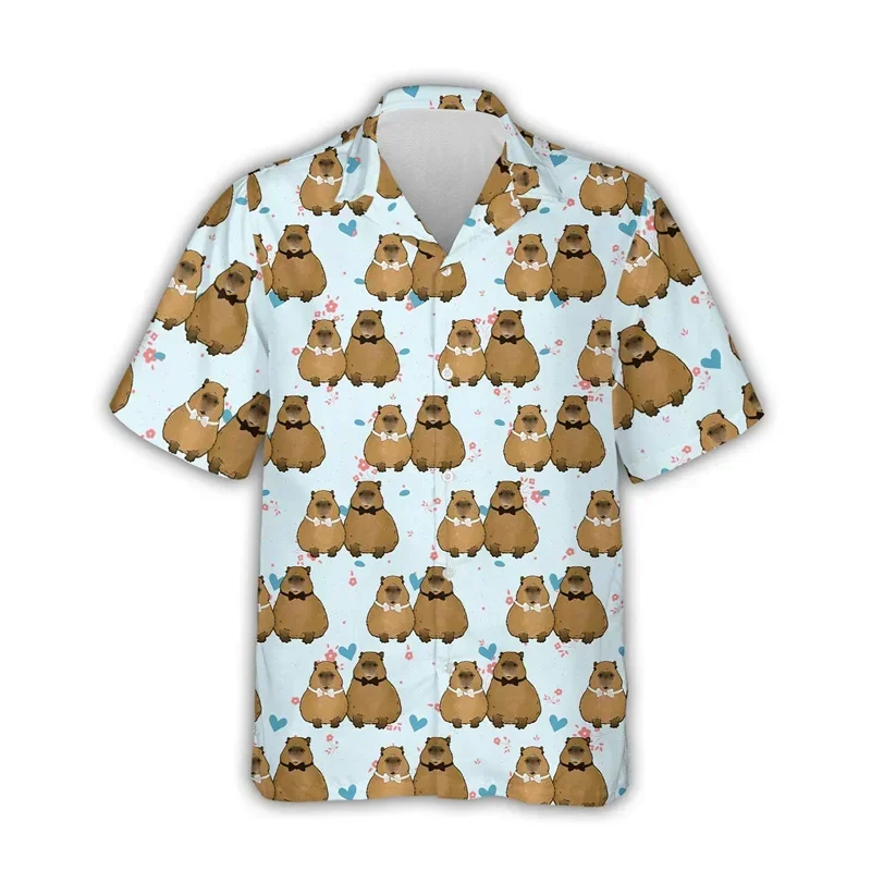 Camisa havaiana de manga curta masculina, estampa capivara kawaii, impressa em 3D, Aloha Beach, top de lapela legal