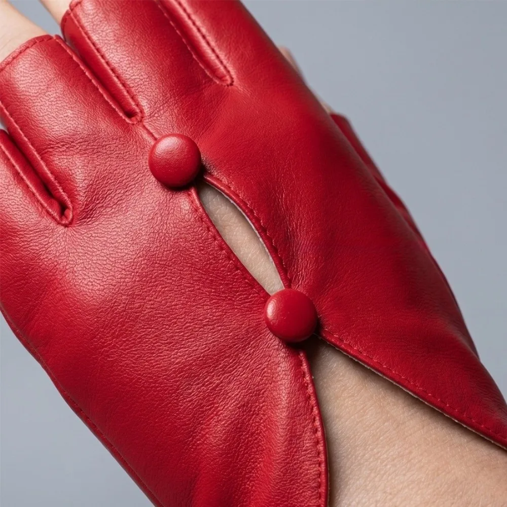 PU Leather Half-Finger Gloves Anti-Slip Button Hole Open-Finger Design Cycling Gloves Fashion Design Dance Performance Gloves