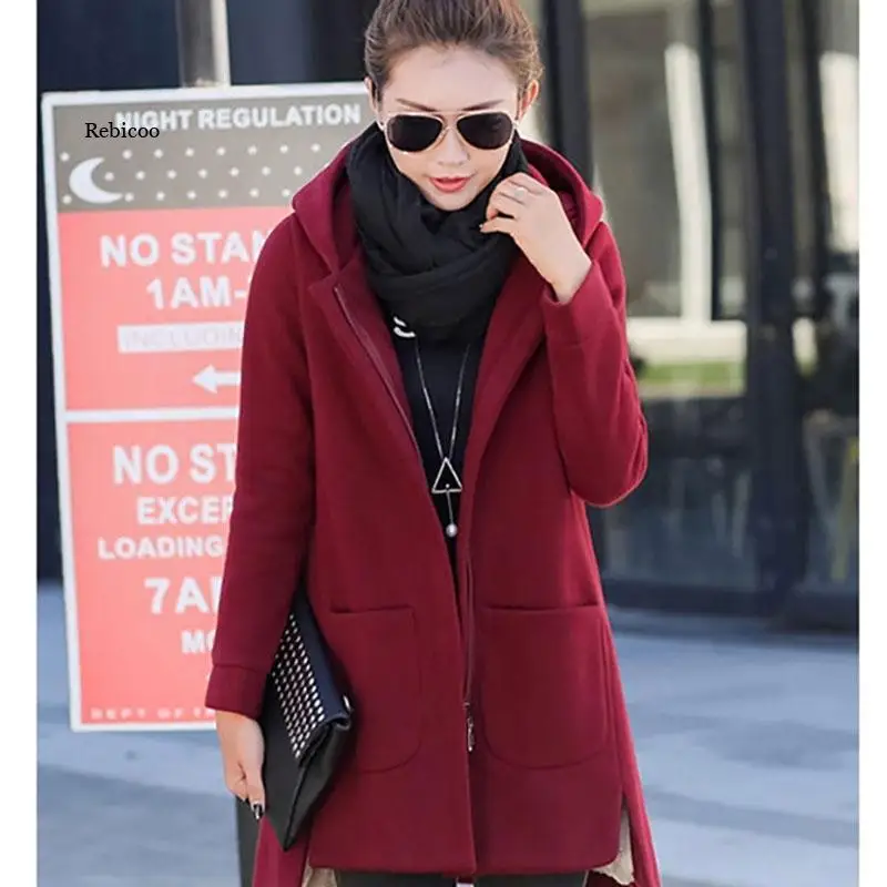 Winter Women\'s Fleece Jacket Female Long Hooded Coats Warm Thick Pocket Outerwear Ladies Red Slim Fit Hoodies Winderproof Clothe