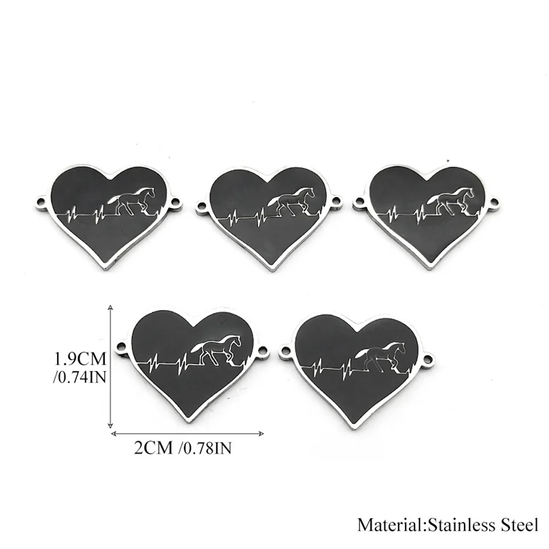 5PCS Heartbeat Horse Charm Connector Stainless Steel Pendant DIY Necklace Bracelet Handmade Jewelry Making Supplies