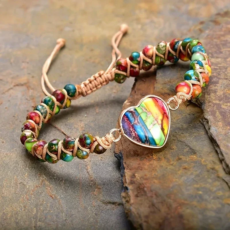 Adjustable Heart-Shaped Chakra Imperial Stone Yoga Meditation Bracelet Love Hand String Braided Wrap Bracelet for Women