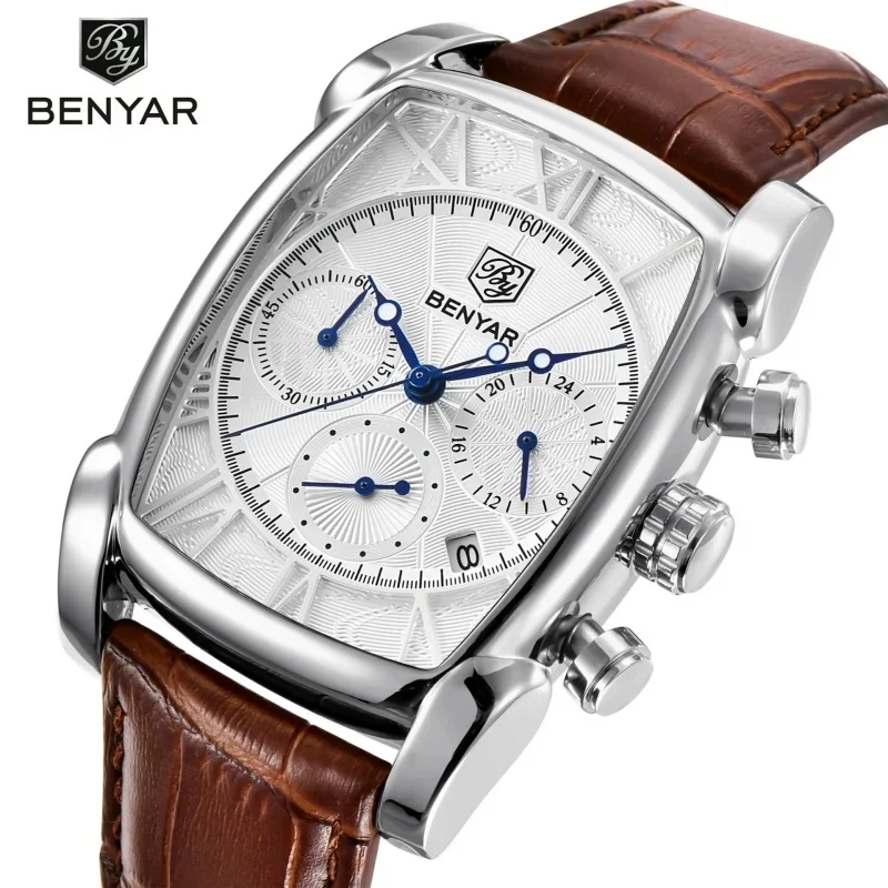 BENYAR 5113 Men's Luxury Quartz Chronograph Wristwatch, Classic Rectangular Case Design, Fashion Sports Style, Premium Leather