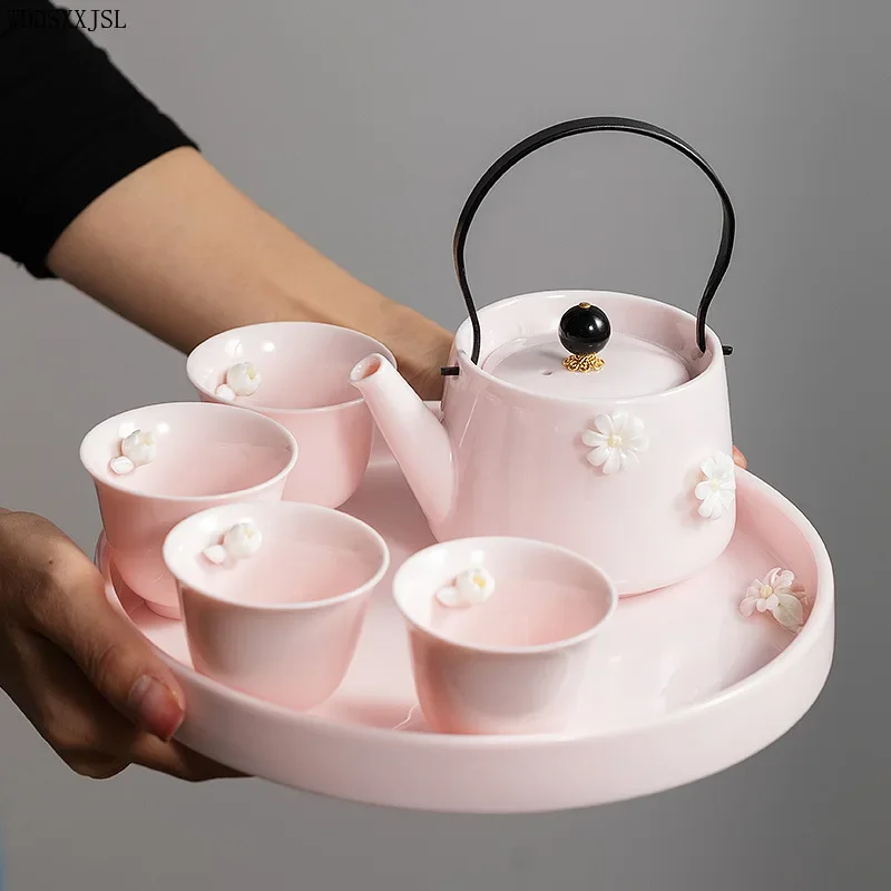 Teapot set Sheep Fat Jade Tea Set Household pink lifting beam kettle Flower Tea Kung Fu Teapot  cup Tea tray  kettle