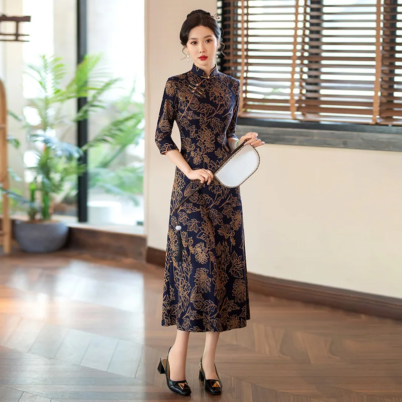 A-Line Long Chinese Dress Eleganti Women Traditional Cheongsams Hanfu Orientale Summer Vintage Mandarin Collar Qipao