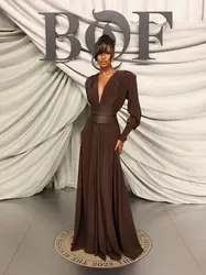 Women Celebrity Sexy Long Sleeve Brown Long Sleeve Pleated Maxi Dress 2024 Elegant Evening Party Dress Vestido