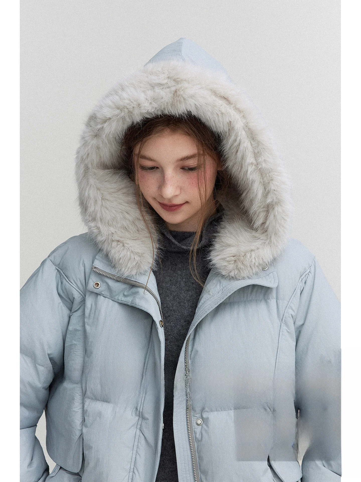 

Nordic Sle Soft Retro Detachable Fur Hat A-Line Women's down Jaet White Du Feather Long Sve Zipper Closure Commute Wind