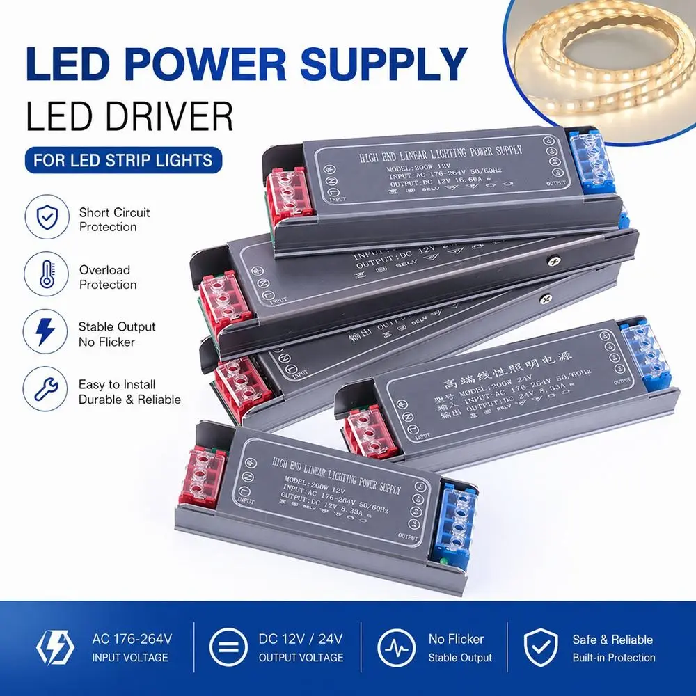 1Pcs DC 12V 24V Switching Power Supply 60-400W AC100-264V LED Light Driver Short Circuit Protection Silent Mode Power Adapter