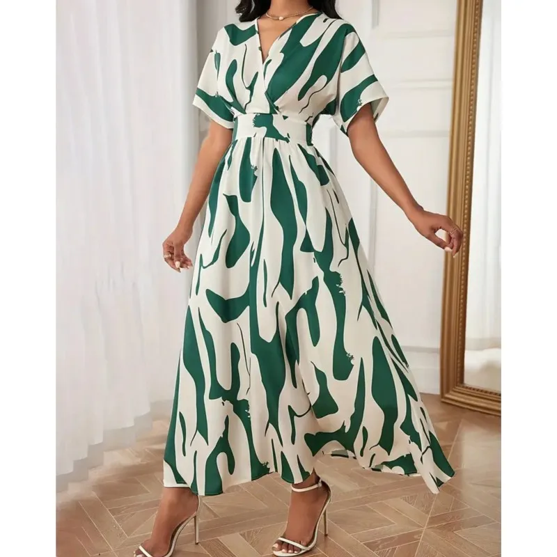 فستان أنيق صيفي موديل 2025 بطباعة هندسية ورقبة على شكل حرف v وخصر ملتصق وصل حديثًا بأكمام قصيرة على شكل حرف a فساتين طويلة بأسلوب بسيط