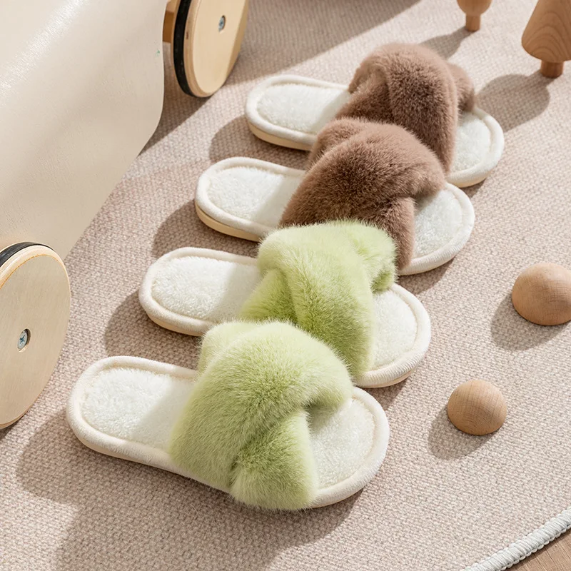 2023 Cotton Slippers Girl's Winter Cross Belt Fluffy Slippers Slippers