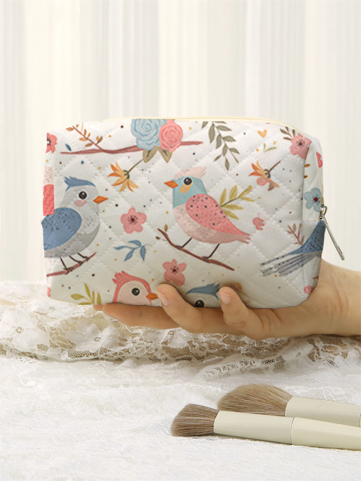Bird pattern printed makeup bag, lightweight zipper storage bag, travel toiletries storage bag, toiletries travel bag