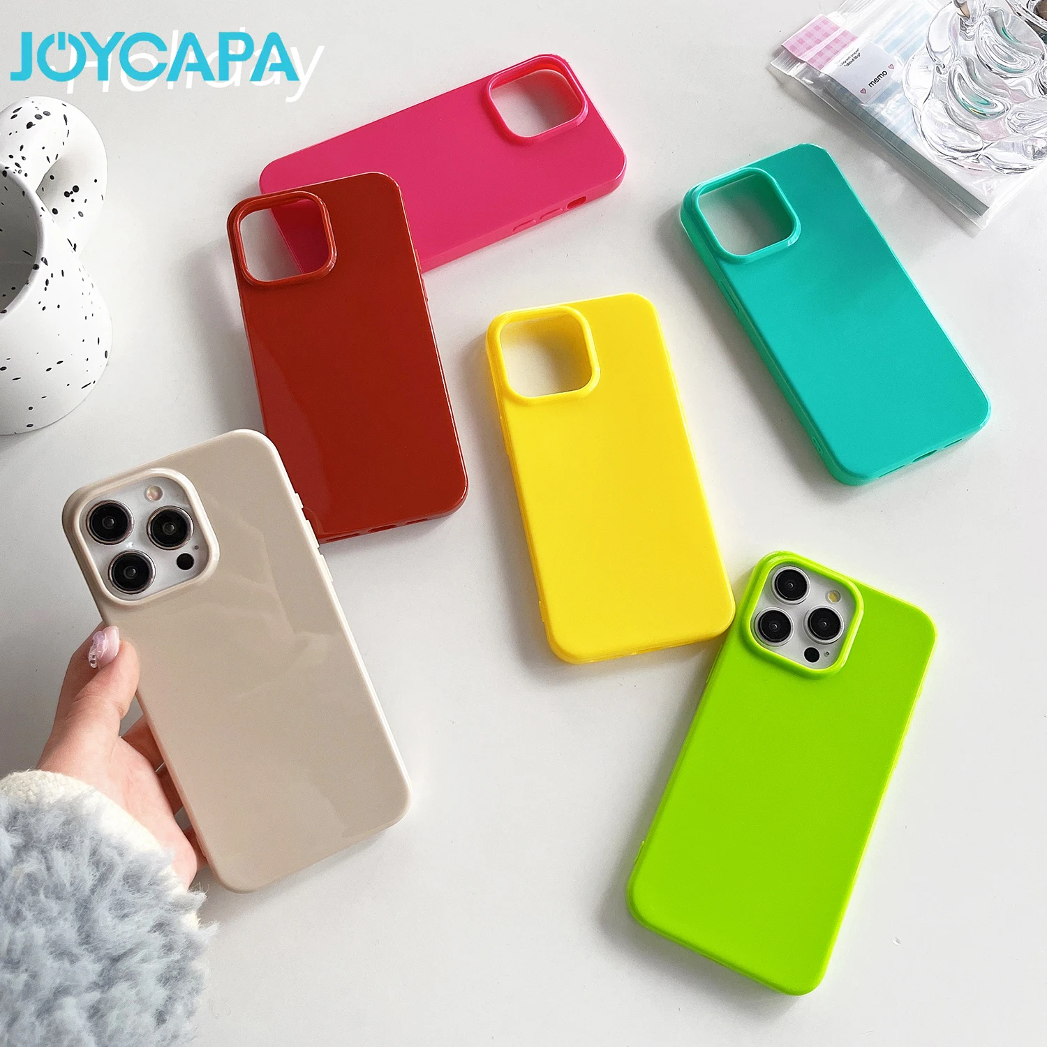 Solid Color Glossy Soft Bumper Case For iPhone 15 14 13 12 11 Pro X XR XS Max 8 7 Plus SE Neon Lens Protection Silicone Cover