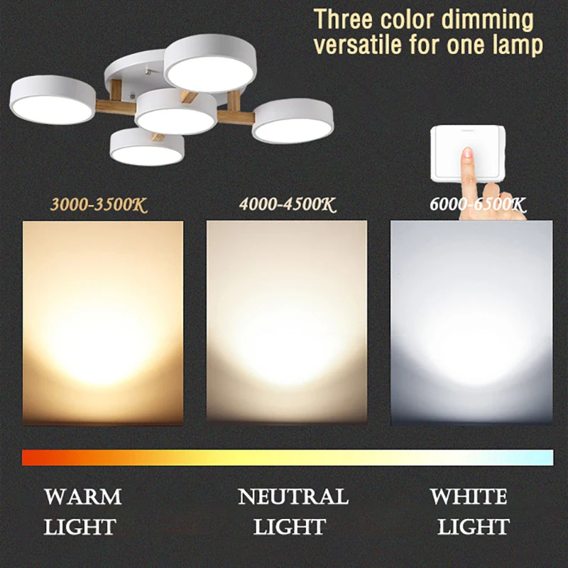 Nordic Living Room Ceiling Light Bedroom Dining Hall Chandelier Study Villa Iron Lighting Lamp LED Three-Color Lights Adjustable