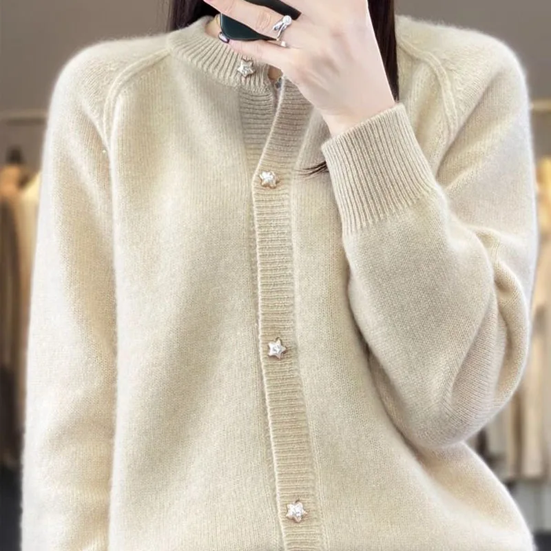 คาร์ดิแกนถักสําหรับผู้หญิง, คอกลม, หัวเข็มขัดดาว, เสื้อกันหนาวลําลองหญิง, เสื้อถัก, แจ๊กเก็ต, ฤดูใบไม้ร่วง, ฤดูหนาว, ใหม่