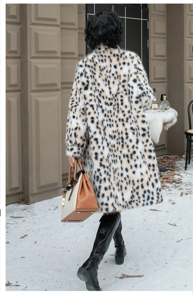 ZAROY Snow Leopard Print Faux Fur Long Coat Luxury Brand Designer Artificial Fur Women Jacket Winter Warm Mink Fur Overcoat шу