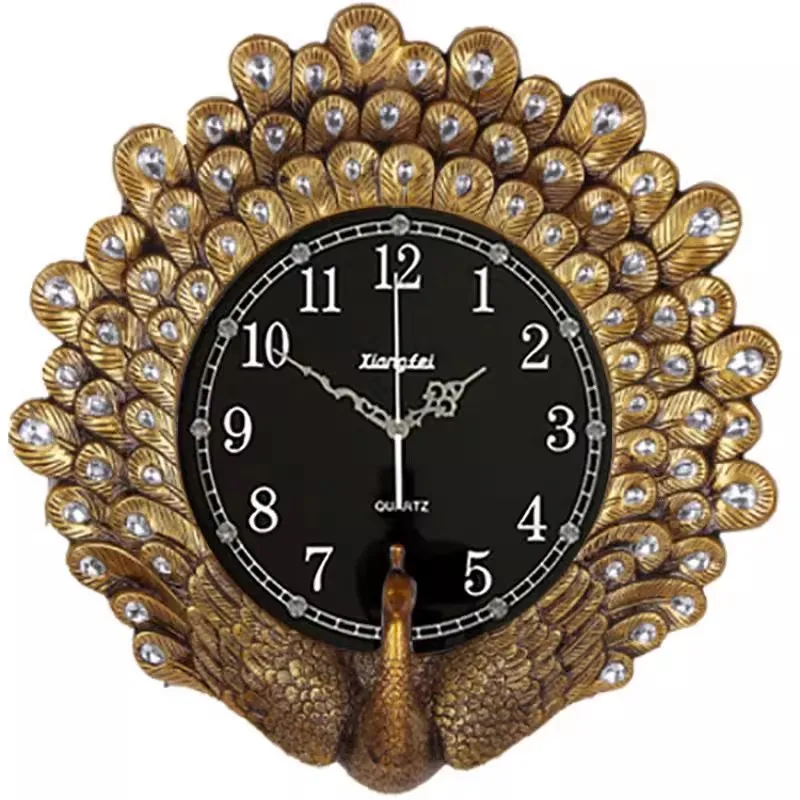 Vintage High-End Decorative Wall Clock, American Style Modern Art Living Room Resin Peahen Wall Clock