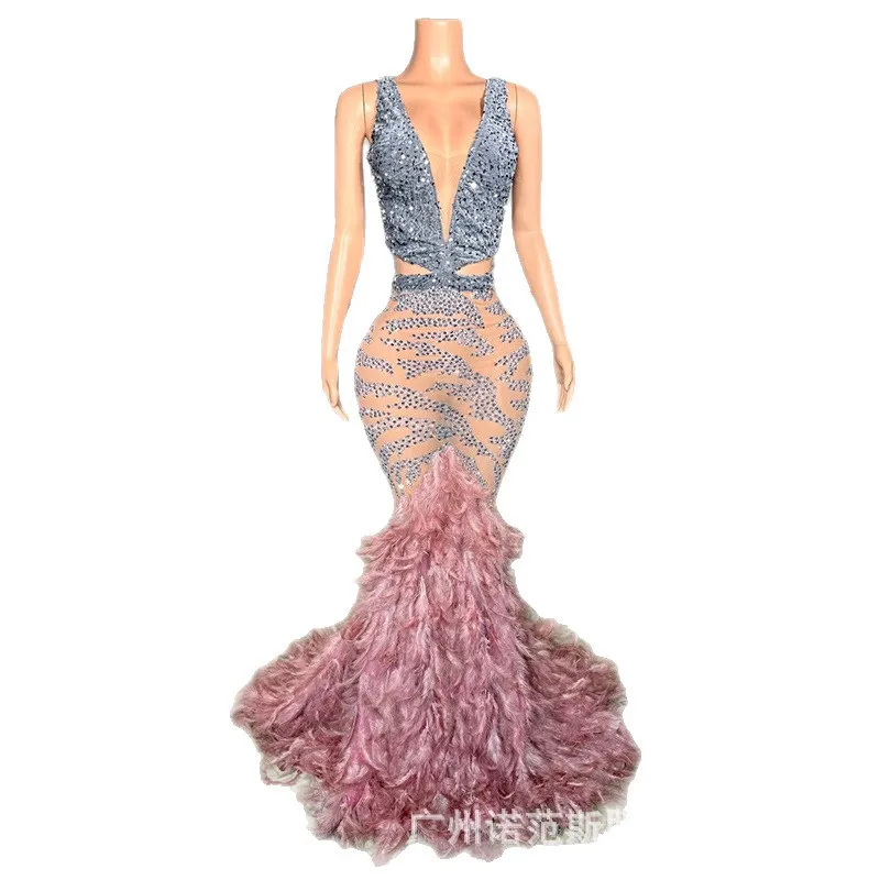 الجنية الفاخرة لامعة الفضة حجر الراين مزاجه ريشة الحمالات ذيل السمكة فستان مأدبة مرحلة الأداء Ballkleid Luxuskleid