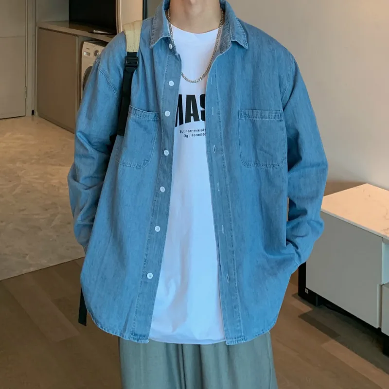 

Loose Fit Men's Denim irt Long Sve Casual Spring Autumn Spring Faion Youth Button up No Iron Treaent Trendy