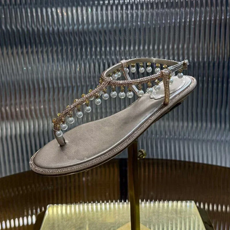 الصنادل سلسلة حبة حجر الراين ديكور الكاحل حزام Sandalias الصيف المرأة قرصة تو الجلد الحقيقي شقة القاع عطلة الأحذية