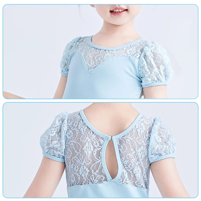 Girls Lace Ballet Leotards Teen Puff Sleeve Ballet Bodysuit Dance Wear Dress Gymnastics Leotards Pink Blue Child Dance Costumes