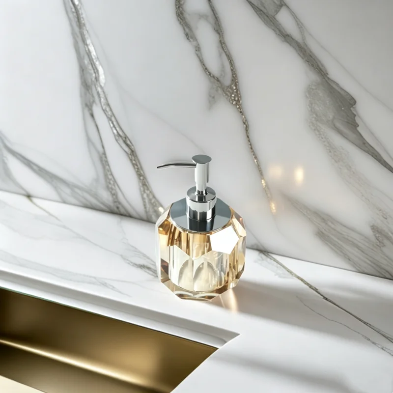 Geometric Square Crystal Glass Soap Dispenser, Shampoo Dispenser, Bathroom Accessories, Stainless Steel Nozzle, Sanitizer Holder