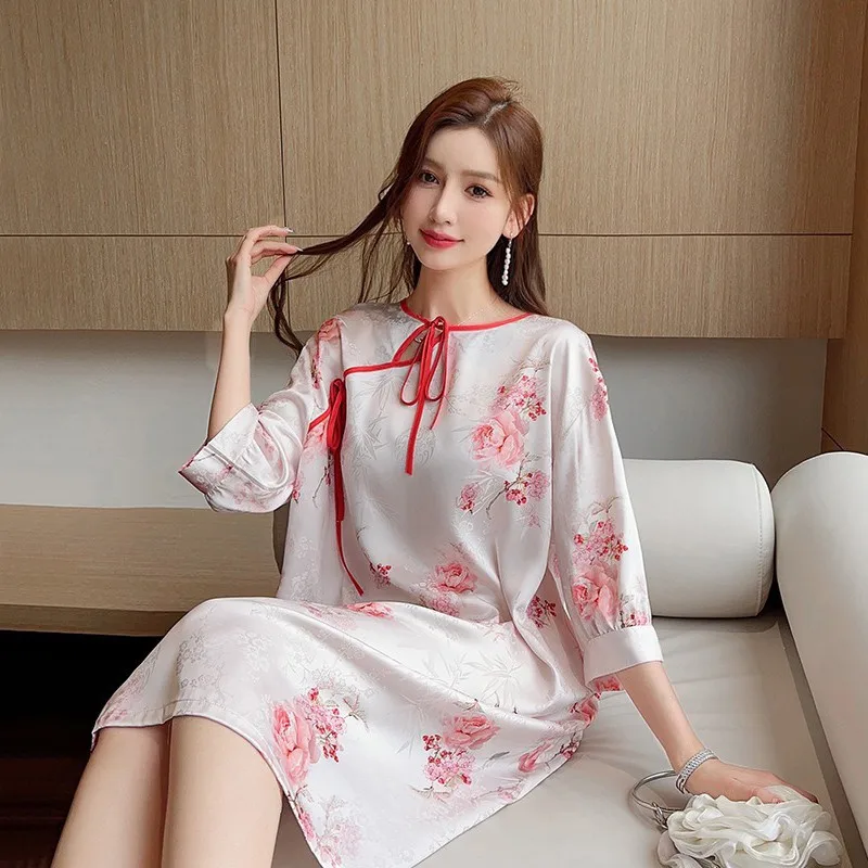 Rayon Nightgown Femme Silky Satin Homedress Elegant Print Nightdress Lingerie Round-Neck Nightwear Women Sleepwear Morning Gown