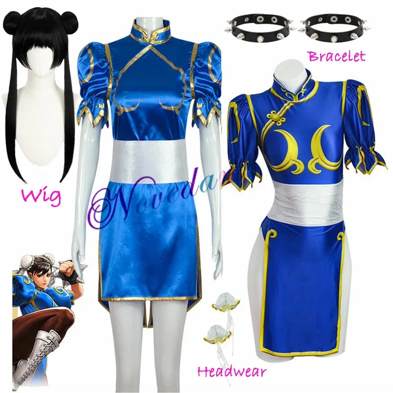 

l2025l Хэллоуин Game Street Chun Li Косплей Костюм Sutorito Faita Cheongsam Платье Женщины Девушки Ципао Браслет Парик Chunli Cospla