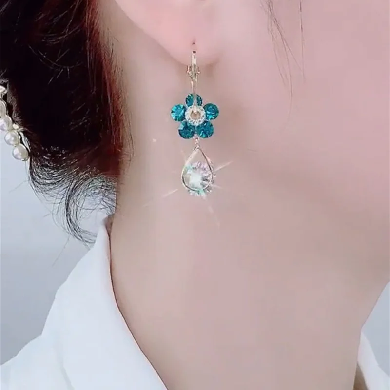 Korean Zircon Flower Hoop Earrings For Women Girls Fashion Long Hanging Earrings Crystal Wedding Party 2024 Trending Jewelry