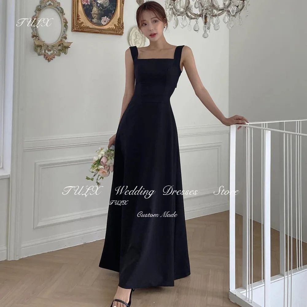 

TULX Simple Square Collar Korea Evening Dress Custom Made Outdoor Black Wedding Formal Prom Dress Keyhole Back Evening Gown