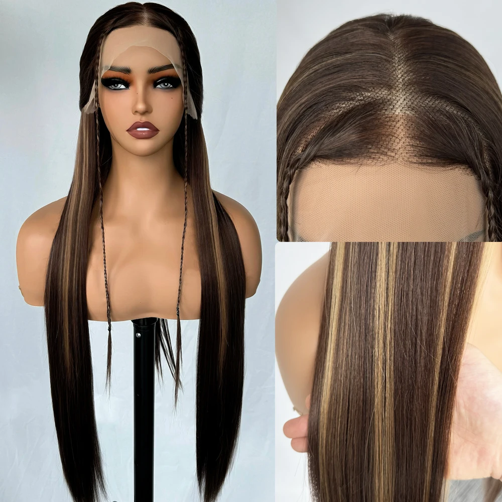 X-TRESS Highlight Color Synthetic Wigs with Baby Hair Long Straight Layered 13X6 Free Part Lace Frontal Wig for Women Daily Use