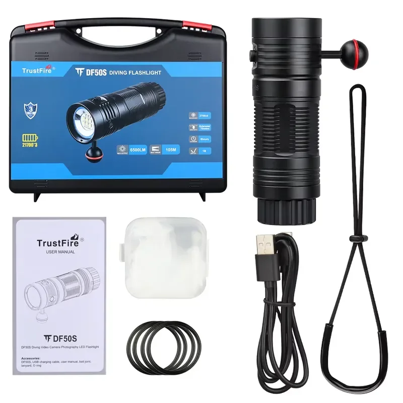 Trustfire DF50S Super Bright 6500LM 3-in-1 UV Red White Aluminum Alloy Diving Flashlight 70 Meters Underwater IP68 Camping
