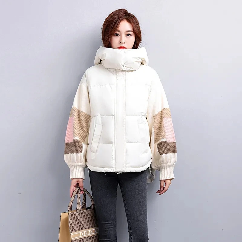 Womens Down Cotton Jacket 2023 New Winter Parkas Thciken Hooded Short Padded Coat Loose Korean Splice Outerwear Female Clothing